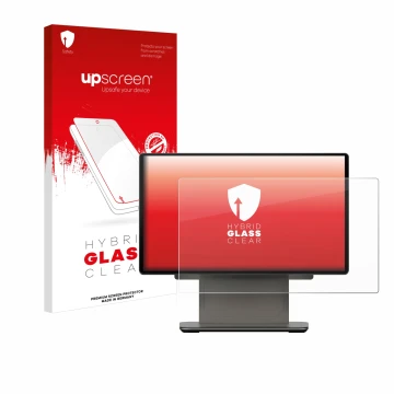 Parte frontal de un envase de producto con el logotipo de la marca upscreen. Al lado se muestra el dispositivo Sunmi D3 PRO co