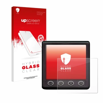 Parte frontal de un envase de producto con el logotipo de la marca upscreen. Al lado se muestra el dispositivo Nasa Marine Ins