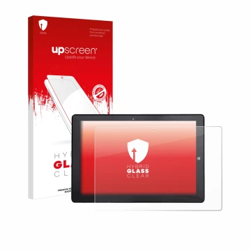 Parte frontal de un envase de producto con el logotipo de la marca upscreen. Al lado se muestra el dispositivo Awow AiBook 10 