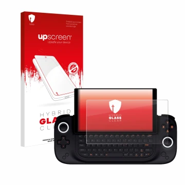 Parte frontal de un envase de producto con el logotipo de la marca upscreen. Al lado se muestra el dispositivo Ayaneo Slide co