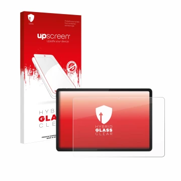 Parte frontal de un envase de producto con el logotipo de la marca upscreen. Al lado se muestra el dispositivo Lenovo Tab K11 