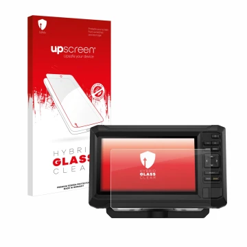 Parte frontal de un envase de producto con el logotipo de la marca upscreen. Al lado se muestra el dispositivo Garmin ECHOMAP 