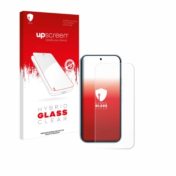 Parte frontal de un envase de producto con el logotipo de la marca upscreen. Al lado se muestra el dispositivo Google Pixel 9 