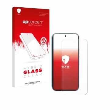 Parte frontal de un envase de producto con el logotipo de la marca upscreen. Al lado se muestra el dispositivo Google Pixel 9 
