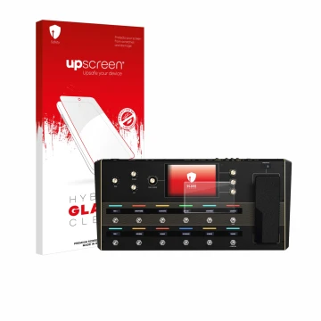 Parte frontal de un envase de producto con el logotipo de la marca upscreen. Al lado se muestra el dispositivo Headrush Prime 