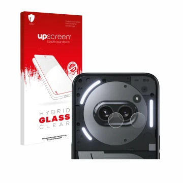 Parte frontal de un envase de producto con el logotipo de la marca upscreen. Al lado se muestra el dispositivo Nothing Phone (