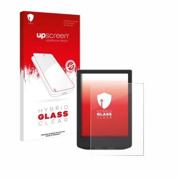 Parte frontal de un envase de producto con el logotipo de la marca upscreen. Al lado se muestra el dispositivo Vivlio Light HD