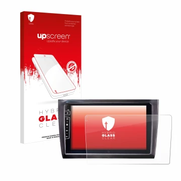 Parte frontal de un envase de producto con el logotipo de la marca upscreen. Al lado se muestra el dispositivo Dynavin D9-DF56