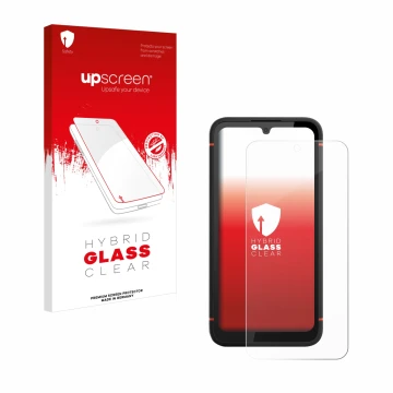 Parte frontal de un envase de producto con el logotipo de la marca upscreen. Al lado se muestra el dispositivo Gigaset GX4 Pro