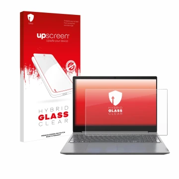 Parte frontal de un envase de producto con el logotipo de la marca upscreen. Al lado se muestra el dispositivo Lenovo 15.6