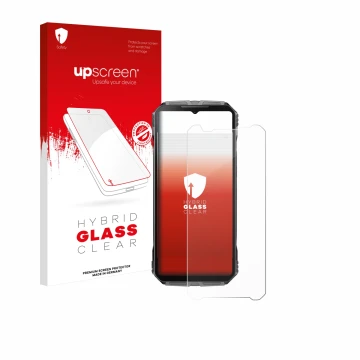 Parte frontal de un envase de producto con el logotipo de la marca upscreen. Al lado se muestra el dispositivo Doogee V40 Pro 