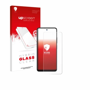 Parte frontal de un envase de producto con el logotipo de la marca upscreen. Al lado se muestra el dispositivo ZTE Blade A75 5