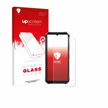 Parte frontal de un envase de producto con el logotipo de la marca upscreen. Al lado se muestra el dispositivo Fossibot F106 P