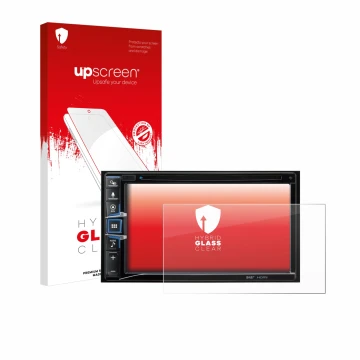 Parte frontal de un envase de producto con el logotipo de la marca upscreen. Al lado se muestra el dispositivo Alpine INE-W611