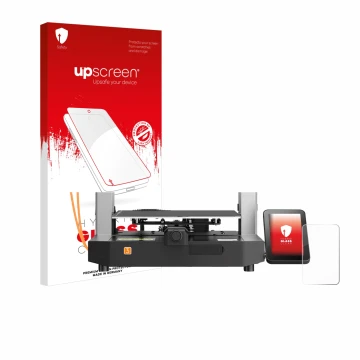 Parte frontal de un envase de producto con el logotipo de la marca upscreen. Al lado se muestra el dispositivo Anycubic Kobra 