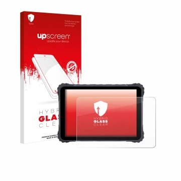 Parte frontal de un envase de producto con el logotipo de la marca upscreen. Al lado se muestra el dispositivo Topicon MDT865 