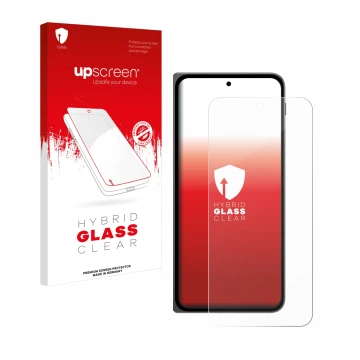 Parte frontal de un envase de producto con el logotipo de la marca upscreen. Al lado se muestra el dispositivo OnePlus Open Ap