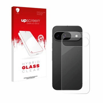 Parte frontal de un envase de producto con el logotipo de la marca upscreen. Al lado se muestra el dispositivo Google Pixel 9 