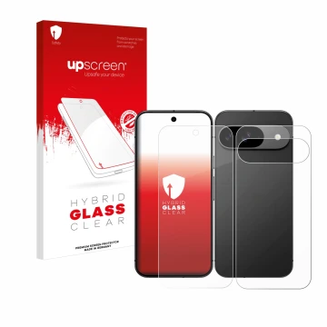 Parte frontal de un envase de producto con el logotipo de la marca upscreen. Al lado se muestra el dispositivo Google Pixel 9 