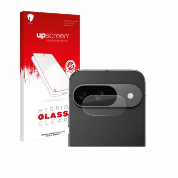 Parte frontal de un envase de producto con el logotipo de la marca upscreen. Al lado se muestra el dispositivo Google Pixel 9 