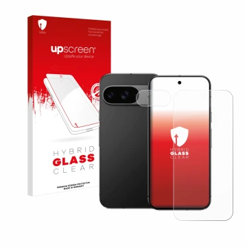 Parte frontal de un envase de producto con el logotipo de la marca upscreen. Al lado se muestra el dispositivo Google Pixel 9 