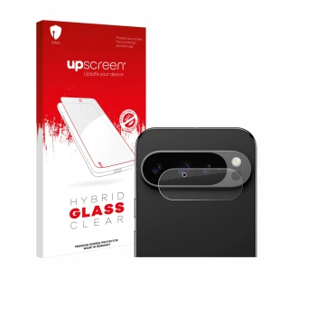 Parte frontal de un envase de producto con el logotipo de la marca upscreen. Al lado se muestra el dispositivo Google Pixel 9 