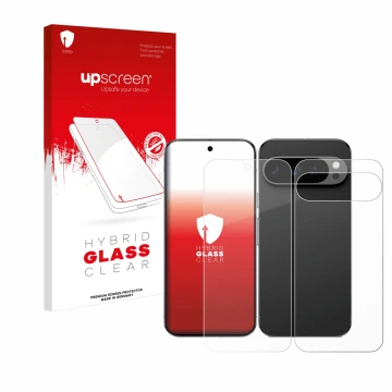 Parte frontal de un envase de producto con el logotipo de la marca upscreen. Al lado se muestra el dispositivo Google Pixel 9 