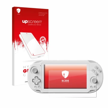 Parte frontal de un envase de producto con el logotipo de la marca upscreen. Al lado se muestra el dispositivo AYN Odin 2 Mini
