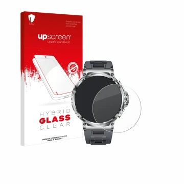 Parte frontal de un envase de producto con el logotipo de la marca upscreen. Al lado se muestra el dispositivo Smartwatch V69 