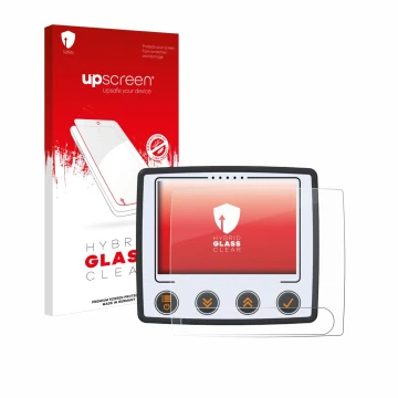 Parte frontal de un envase de producto con el logotipo de la marca upscreen. Al lado se muestra el dispositivo Skytraxx 5 Mini