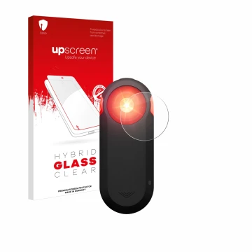 Parte frontal de un envase de producto con el logotipo de la marca upscreen. Al lado se muestra el dispositivo Garmin Varia RT