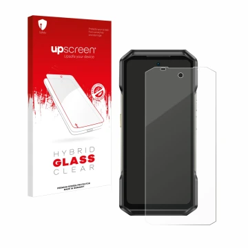 Parte frontal de un envase de producto con el logotipo de la marca upscreen. Al lado se muestra el dispositivo Ulefone Armor 2