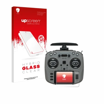 Parte frontal de un envase de producto con el logotipo de la marca upscreen. Al lado se muestra el dispositivo Jumper T15 con 