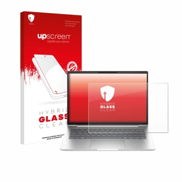 Parte frontal de un envase de producto con el logotipo de la marca upscreen. Al lado se muestra el dispositivo HP ProBook 440 