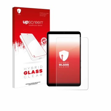 Parte frontal de un envase de producto con el logotipo de la marca upscreen. Al lado se muestra el dispositivo Alldocube iPlay