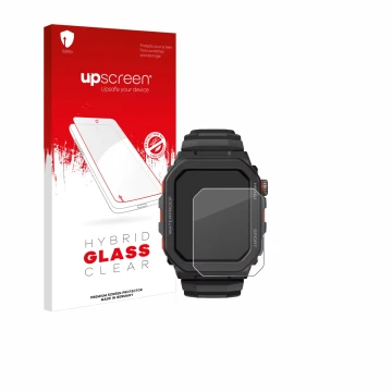 Parte frontal de un envase de producto con el logotipo de la marca upscreen. Al lado se muestra el dispositivo Zeblaze Ares GP