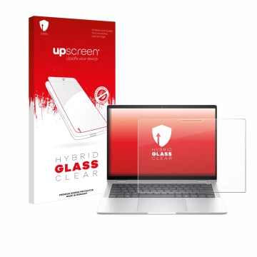Parte frontal de un envase de producto con el logotipo de la marca upscreen. Al lado se muestra el dispositivo HP EliteBook x3