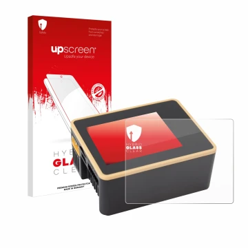Parte frontal de un envase de producto con el logotipo de la marca upscreen. Al lado se muestra el dispositivo Junsi iCharger 