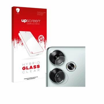 Parte frontal de un envase de producto con el logotipo de la marca upscreen. Al lado se muestra el dispositivo Xiaomi Poco F6 