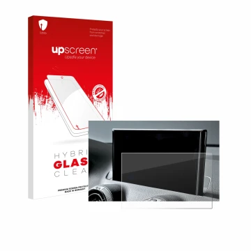 Parte frontal de un envase de producto con el logotipo de la marca upscreen. Al lado se muestra el dispositivo Audi Q2 Facelif