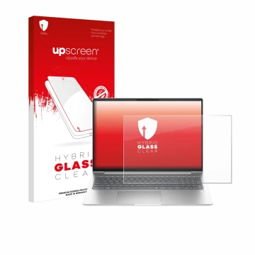 Parte frontal de un envase de producto con el logotipo de la marca upscreen. Al lado se muestra el dispositivo HP ProBook 460 
