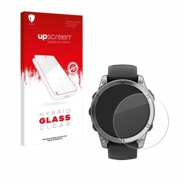 Parte frontal de un envase de producto con el logotipo de la marca upscreen. Al lado se muestra el dispositivo Garmin Fenix E 