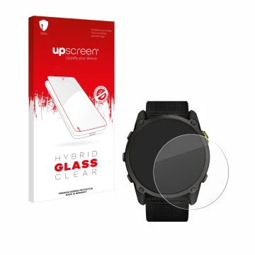 Parte frontal de un envase de producto con el logotipo de la marca upscreen. Al lado se muestra el dispositivo Garmin Enduro 3