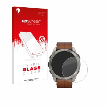 Parte frontal de un envase de producto con el logotipo de la marca upscreen. Al lado se muestra el dispositivo Garmin Fenix 8 