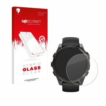 Parte frontal de un envase de producto con el logotipo de la marca upscreen. Al lado se muestra el dispositivo Garmin Fenix 8 