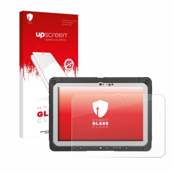 Parte frontal de un envase de producto con el logotipo de la marca upscreen. Al lado se muestra el dispositivo Panasonic Tough