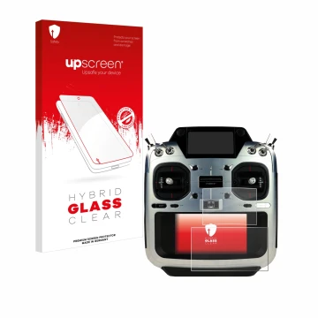 Parte frontal de un envase de producto con el logotipo de la marca upscreen. Al lado se muestra el dispositivo Futaba T26SZ co