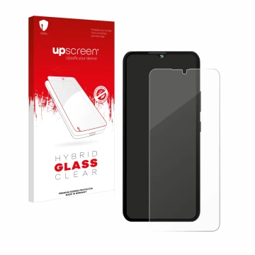 Parte frontal de un envase de producto con el logotipo de la marca upscreen. Al lado se muestra el dispositivo Cubot A10 con s