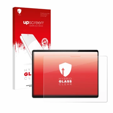 Parte frontal de un envase de producto con el logotipo de la marca upscreen. Al lado se muestra el dispositivo Microsoft Surfa