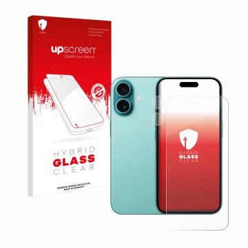 Parte frontal de un envase de producto con el logotipo de la marca upscreen. Al lado se muestra el dispositivo Apple iPhone 16